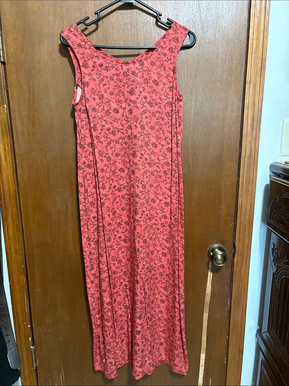Vintage 90’s-women’s Faded Glory Coral Maxi Dress with Dark Floral Print
